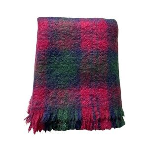 CUSHENDALE Ireland Vintage Mohair Wool Plaid Throw Blanket Burgundy Blue Green
